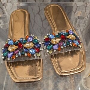 Crystal-Embellished Clear Slip-On Sandals - Gold - Size 8.5